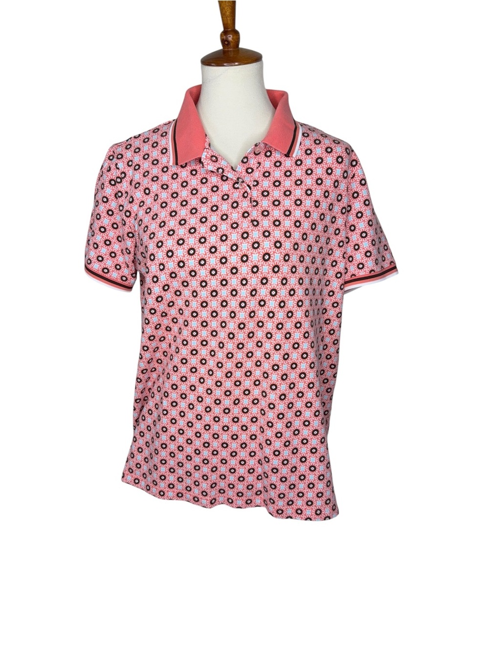 Lands’ End XL Pink Geometric Print Polo Shirt Stretch Cotton Golf Casual